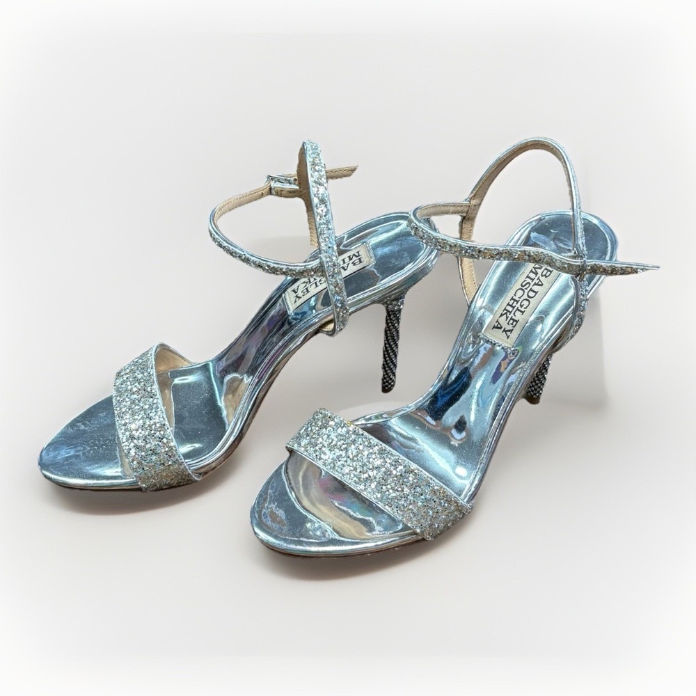 Badgley Mischka Silver Rhinestone Glitter Ankle Strap High Heel Stiletto Shoes